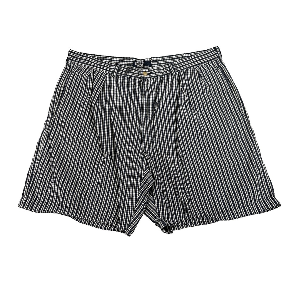 Polo Ralph Lauren Shorts Mens 40 Navy White Plaid Cotton Chino Casual Pleated